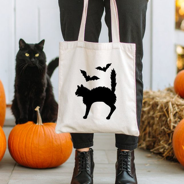 Black Scared Cat Silhouette With Bats Halloween Tote Bag (Disclaimer: This image is a digital mockup.)