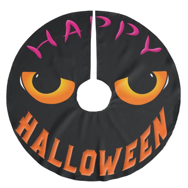 Black Scary Face Happy Halloween Brushed Polyester Tree Skirt (Front)