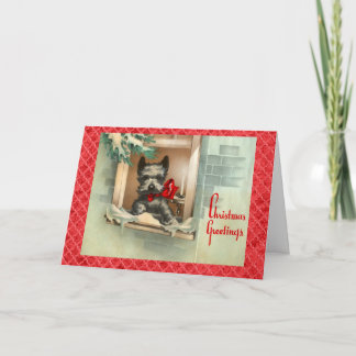 Black Scottie Dog in Window Red Holiday Card
