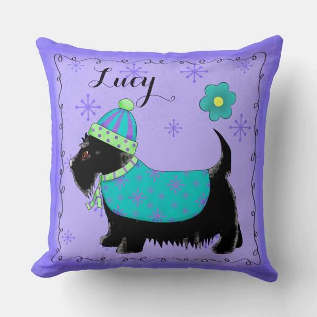 Black Scottie Dog Name Personalized Lavender Throw Pillow (Front)