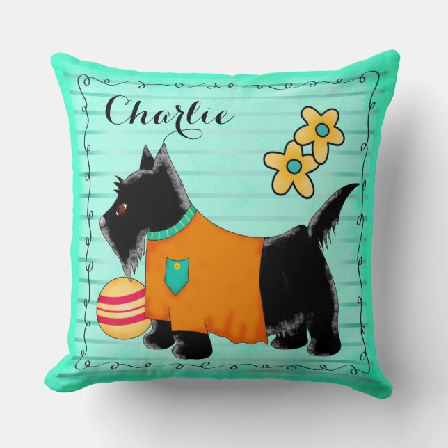 Black Scottie Dog Name Personalized Teal Green Throw Pillow (Front)
