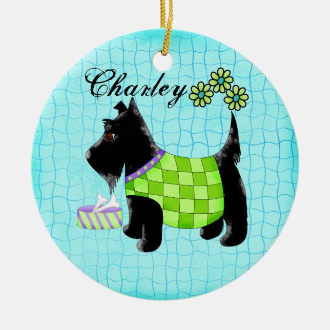 Black Scottie Dog Name Personalized Turquoise Ceramic Ornament (Front)