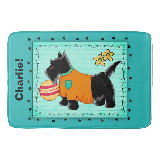 Black Scottie Dog Name Personalized Turquoise Teal Bath Mat (Front)