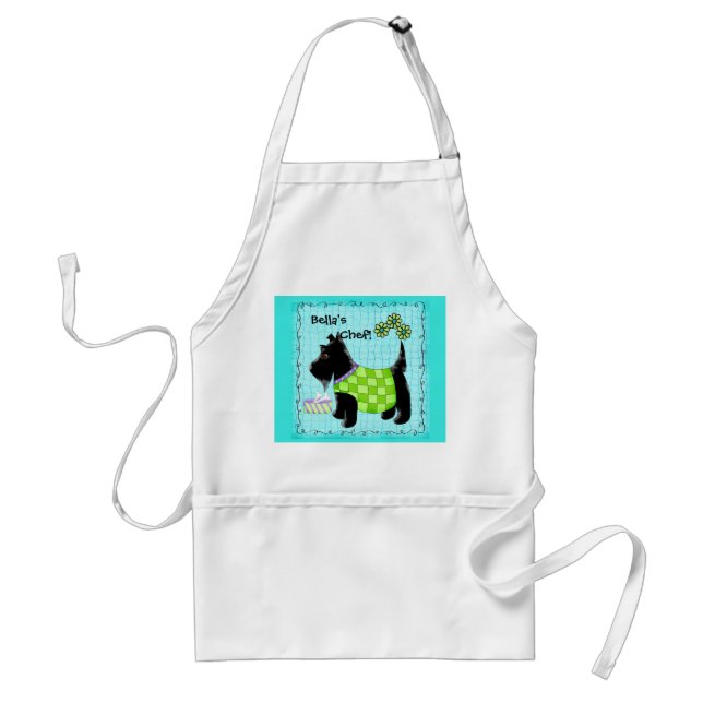 Black Scottie Dog Name Personalized Turquoise Teal Standard Apron (Front)