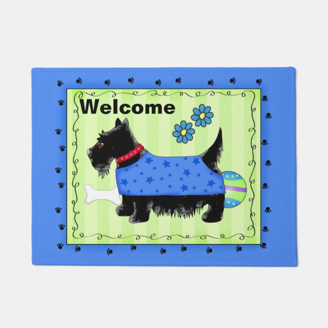 Black Scottie Dog Welcome Blue Green Custom Doormat (Front)