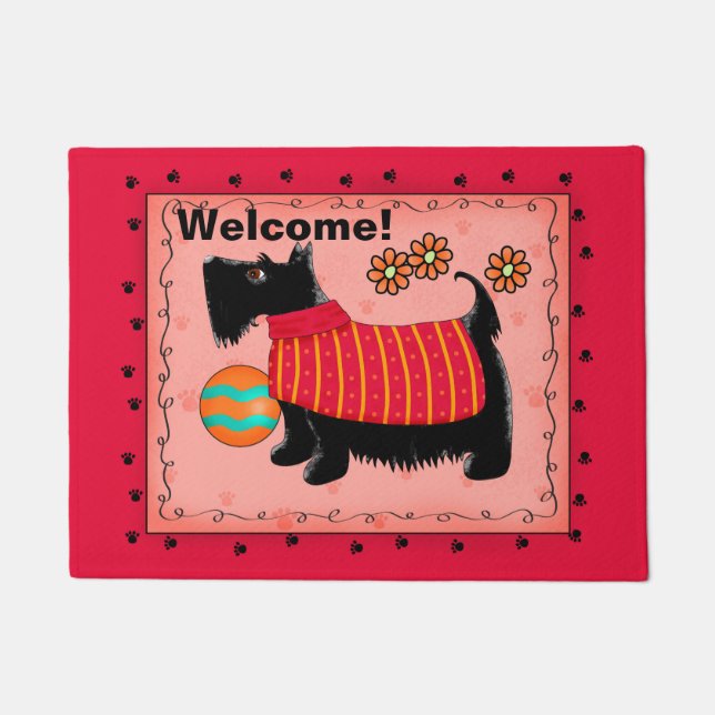 Black Scottie Dog Welcome Red Coral Doormat (Front)