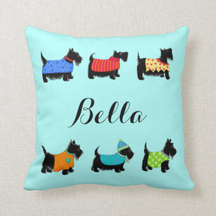 Black Scottie Dogs Name Personalized Turquoise Throw Pillow