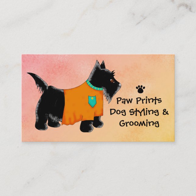 Black Scottie Terrier Dog Grooming Yellow Business Card (Front)