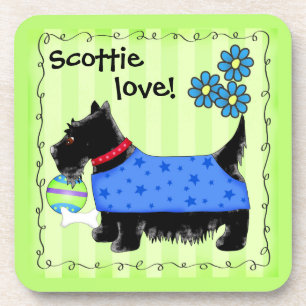 Black Scottie Terrier Dog Love Personalized Green Coaster