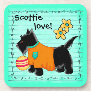 Black Scottie Terrier Dog Love Personalized Teal Coaster
