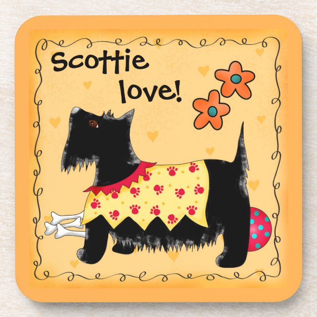 Black Scottie Terrier Dog Love Personalized Yellow Coaster (Front)
