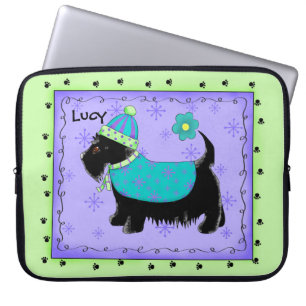 Black Scottie Terrier Dog Name Personalized Green Laptop Sleeve