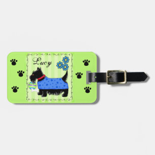 Black Scottie Terrier Dog Name Personalized Green Luggage Tag