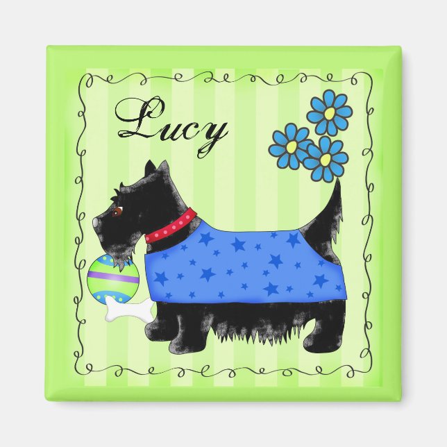 Black Scottie Terrier Dog Name Personalized Green Magnet (Front)