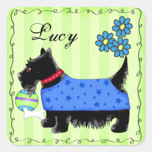 Black Scottie Terrier Dog Name Personalized Green Square Sticker