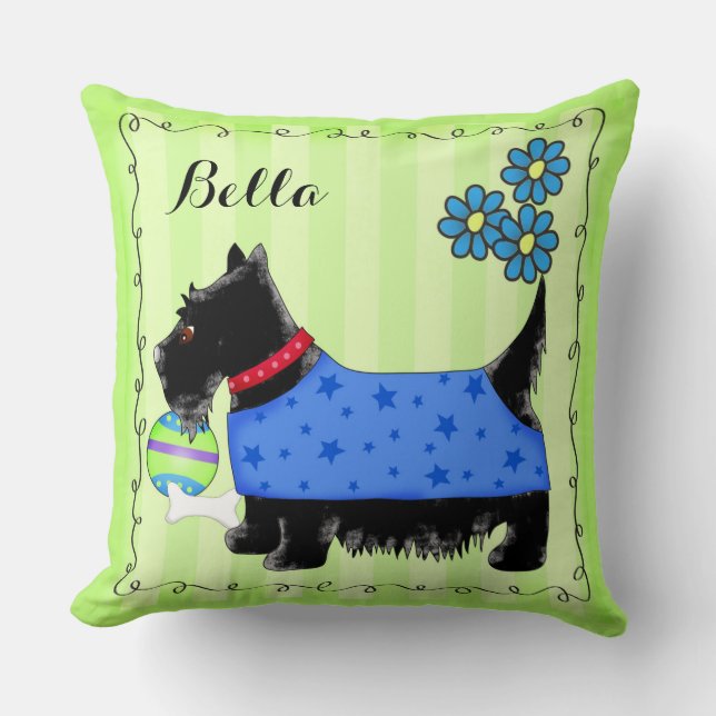 Black Scottie Terrier Dog Name Personalized Green Throw Pillow (Front)