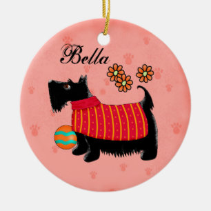 Black Scottie Terrier Dog Name Personalized Red Ceramic Ornament