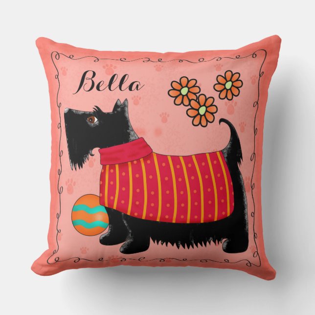 Black Scottie Terrier Dog Name Personalized Red Throw Pillow (Front)