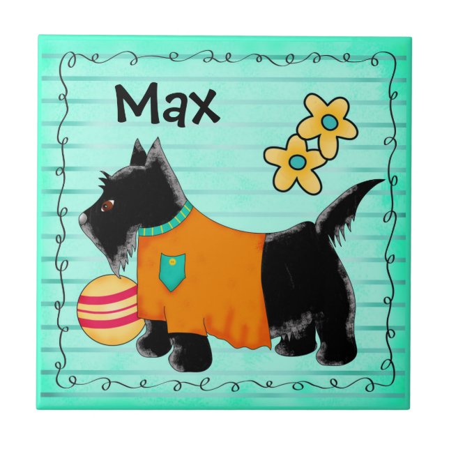 Black Scottie Terrier Dog Name Personalized Teal Tile (Front)