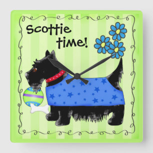 Black Scottie Terrier Dog Personalized Green Square Wall Clock