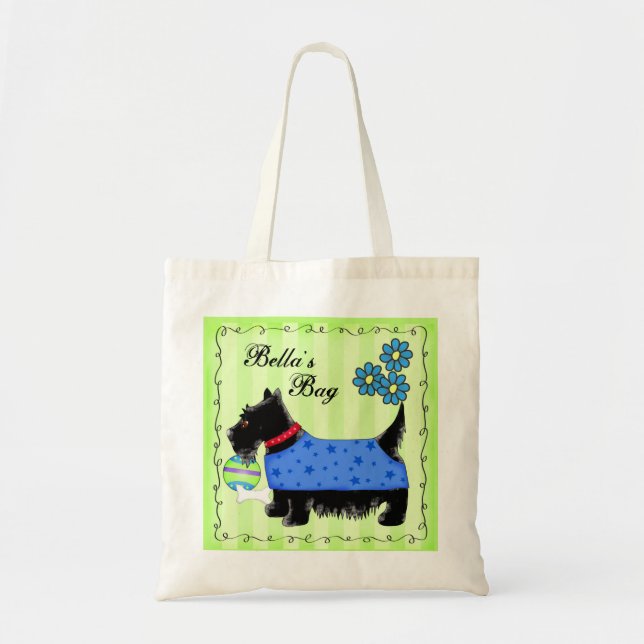 Black Scottie Terrier Dog Personalized Green Tote Bag (Front)