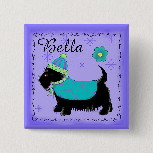 Black Scottie Terrier Dog Personalized Name Badge 2 Inch Square Button (Front)