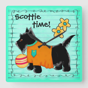 Black Scottie Terrier Dog Personalized Teal Green Square Wall Clock