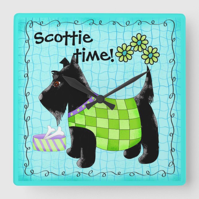 Black Scottie Terrier Dog Personalized Turquoise Square Wall Clock (Front)