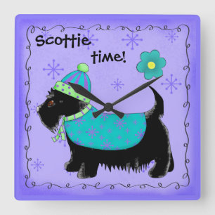 Black Scottie Time Dog Personalized Lavender Square Wall Clock