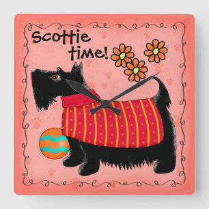 Black Scottie Time Dog Personalized Red Orange Square Wall Clock