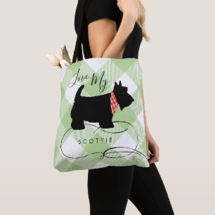 Black Scottish Terrier Dog Green Buffalo Check Tote Bag