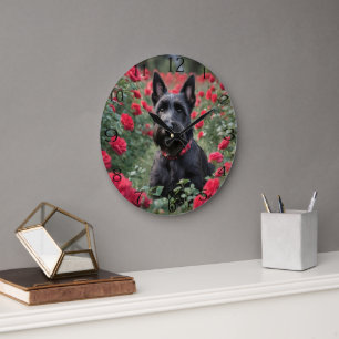 Black Scottish Terrier In Red Roses,  Large Clock