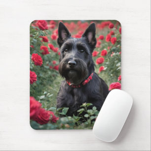 Black Scottish Terrier In The Red Roses, Mouse Pad