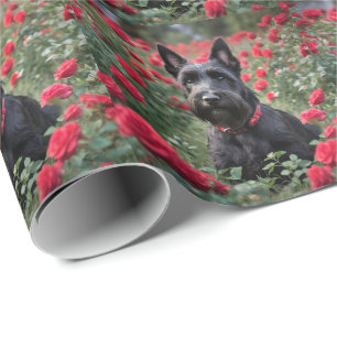 Black Scottish Terrier In The Red Roses, Wrapping Paper