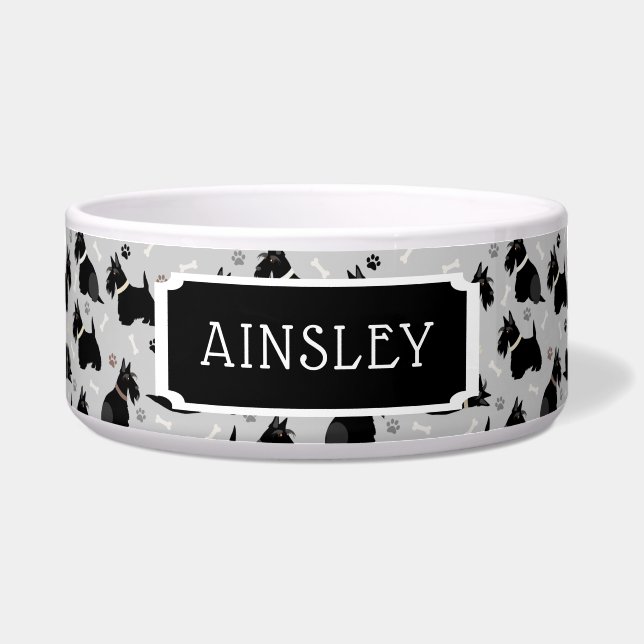Black Scottish Terrier Paws and Bones Dog Bowl (Front)