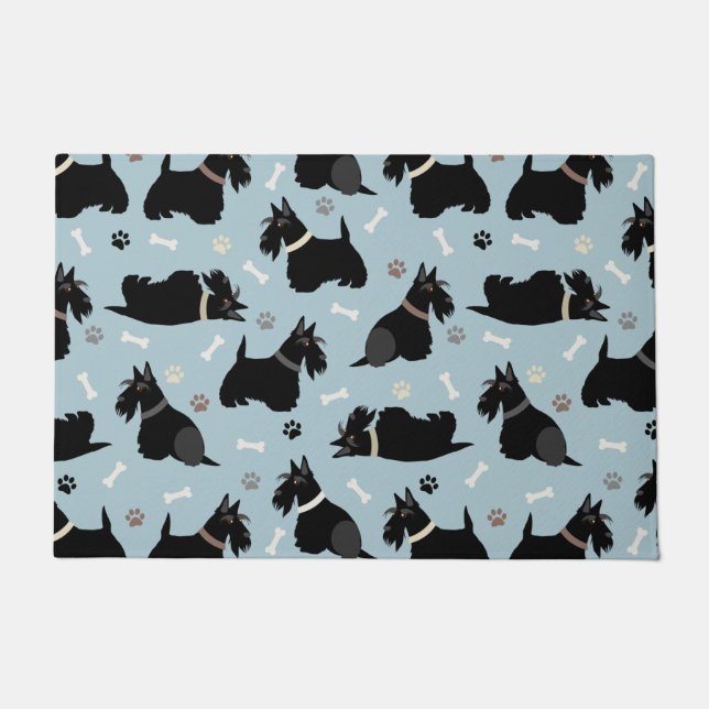Black Scottish Terrier Paws and Bones Doormat (Front)