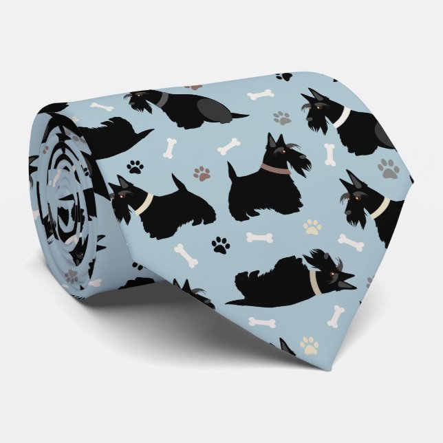 Black Scottish Terrier Paws and Bones Neck Tie (Rolled)