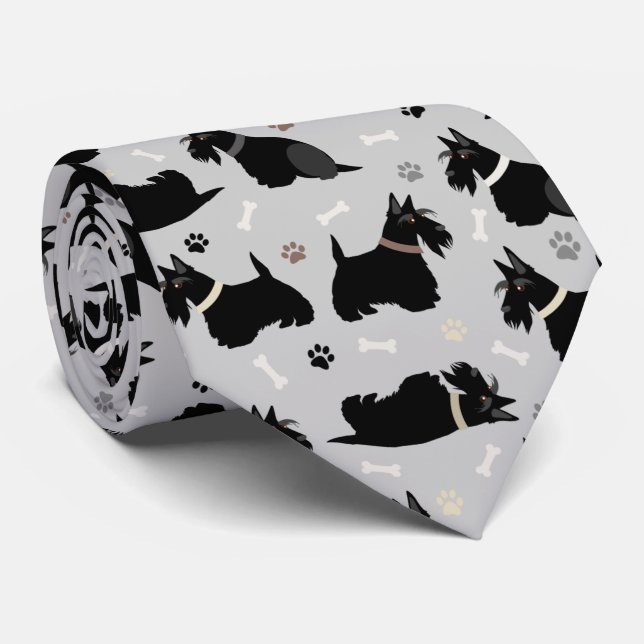 Black Scottish Terrier Paws and Bones Neck Tie (Rolled)
