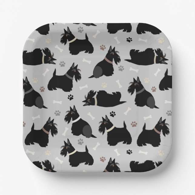 Black Scottish Terrier Paws and Bones Paper Plates (Front)