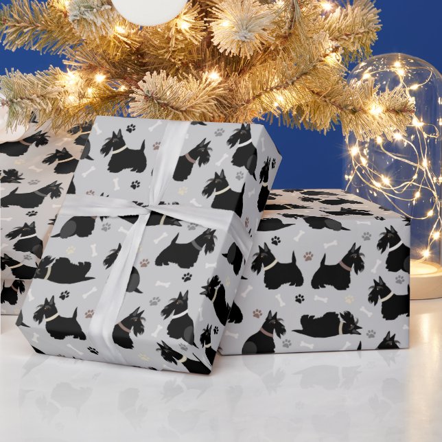 Black Scottish Terrier Paws and Bones Wrapping Paper (Holidays)