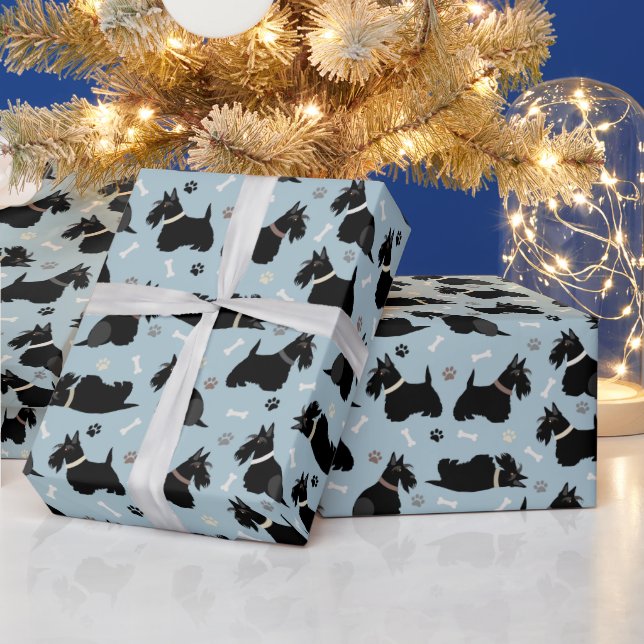 Black Scottish Terrier Paws and Bones Wrapping Paper (Holidays)