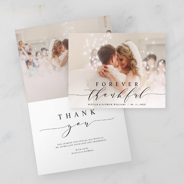 Black Script 2 Photo Forever Thankful Wedding Thank You Card (Front & Inside)