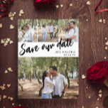 Black Script 4 Photos Wedding Save Our Date Announcement Postcard<br><div class="desc">Wedding save the date postcard you can personalize with four of your own photos,  three smaller and one larger. Save our date is written diagonally across the postcard in a black script. Add your names and wedding date in a clean font.</div>