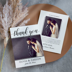 Black Script and Chic Stripes   Wedding Photo Thank You Card