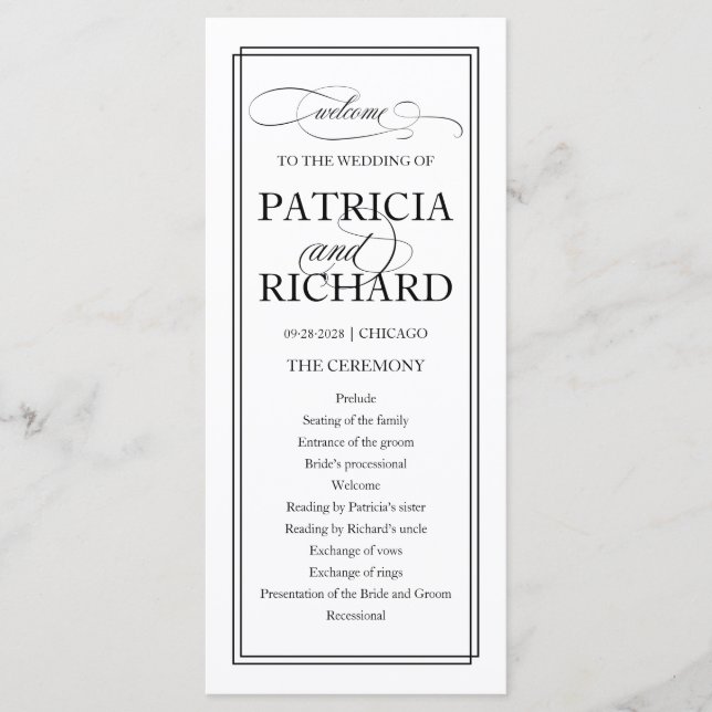 Black Script Elegant Wedding Ceremony Program (Front)