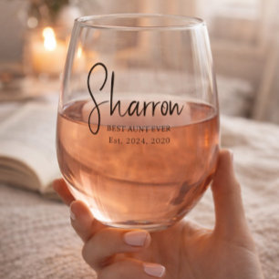 Black Script Established Best Aunt Custom Stemless Wine Glass