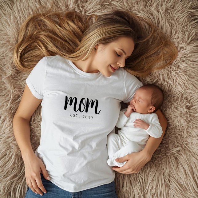 Black Script Established Mom T-Shirt (custom mom tshirt with established date for new mom or mothers day christmas gifts ideas)