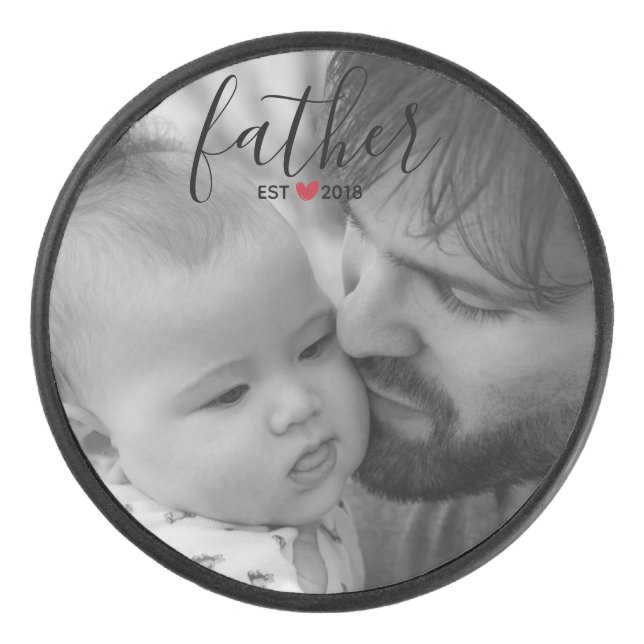 Black Script Father Est. Year Personalized Photo Hockey Puck (Front)