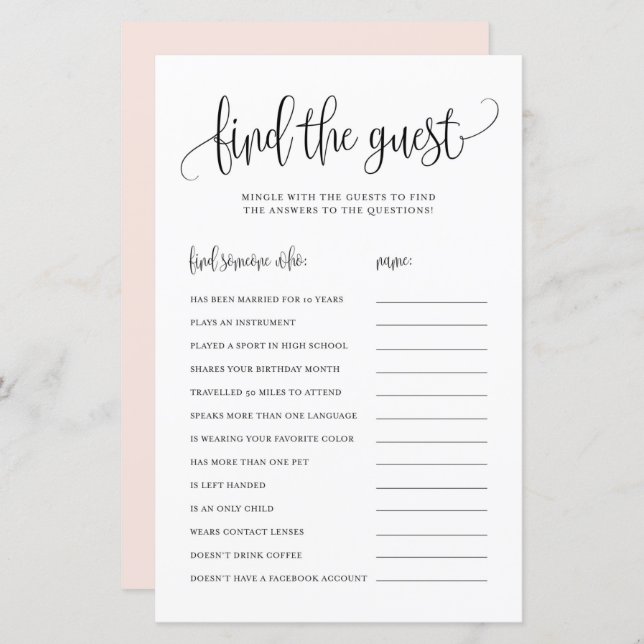 Black Script Find the Guests Bridal Shower Game (Front/Back)