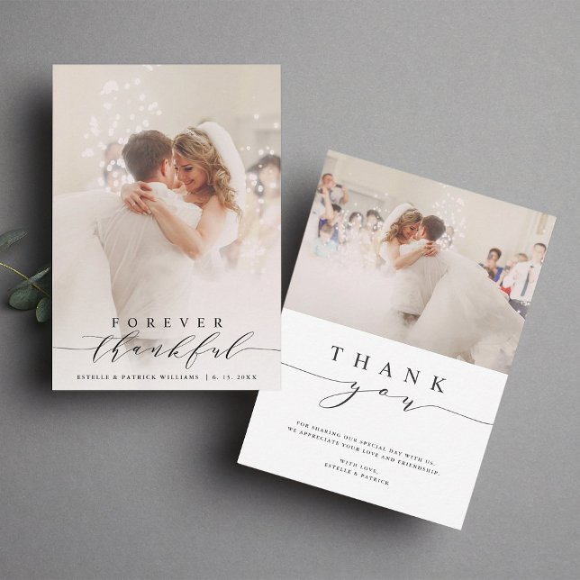 Black Script Forever Thankful Wedding 2 Photo Thank You Card (Front & Back)